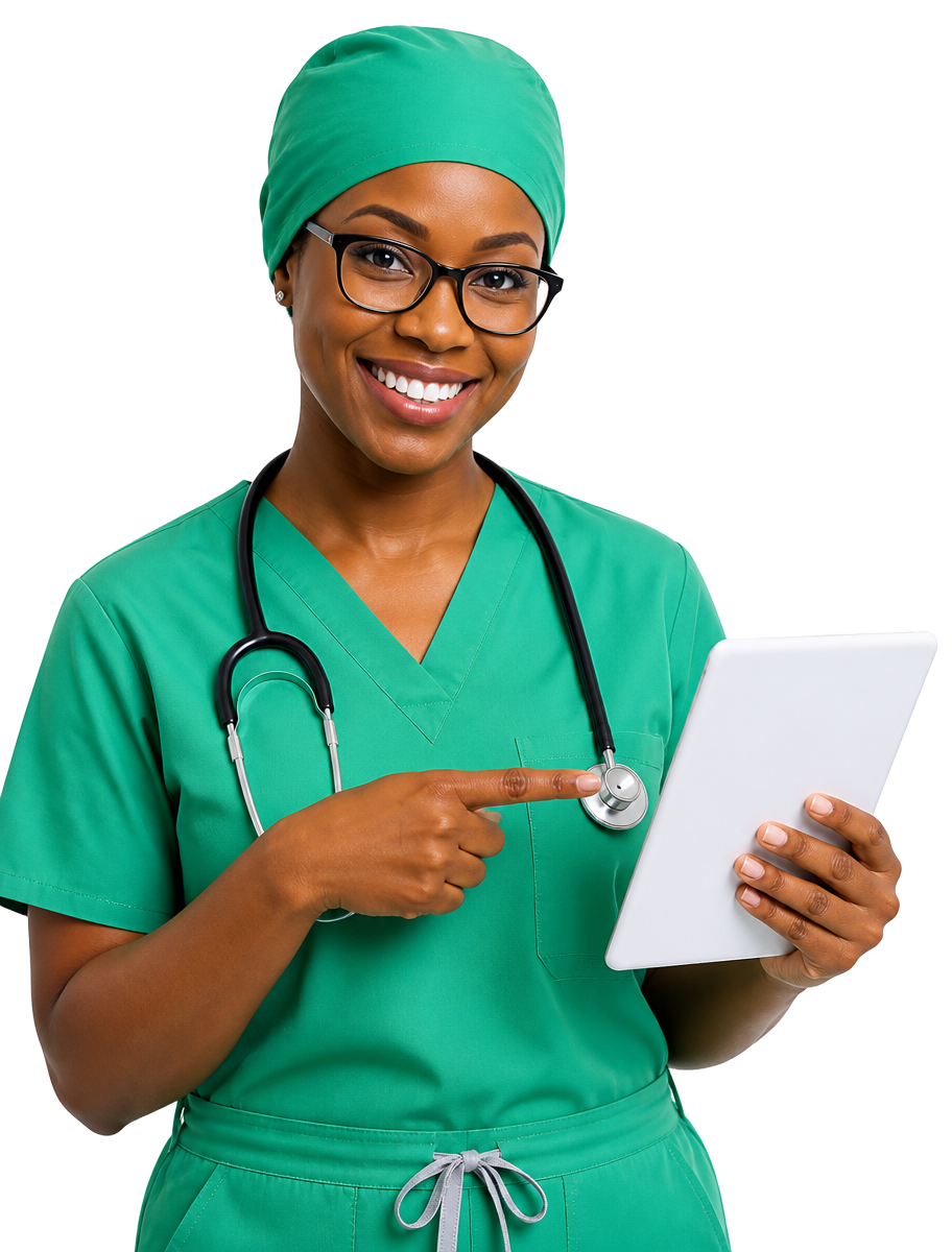 Médica do trabalho da Nova Exatta com tablet